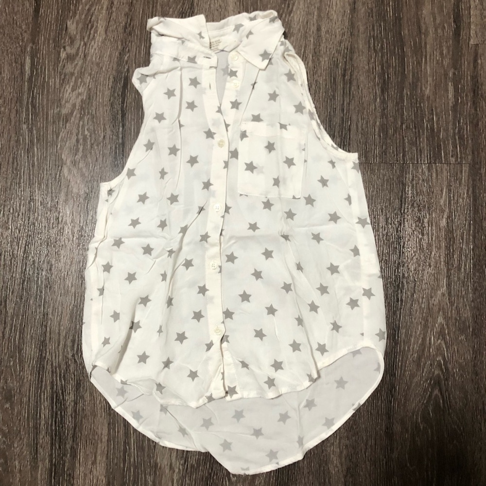 Girls' H&M White & Grey Star Print Sleeveless Button-Up Top, Size 8-9Y